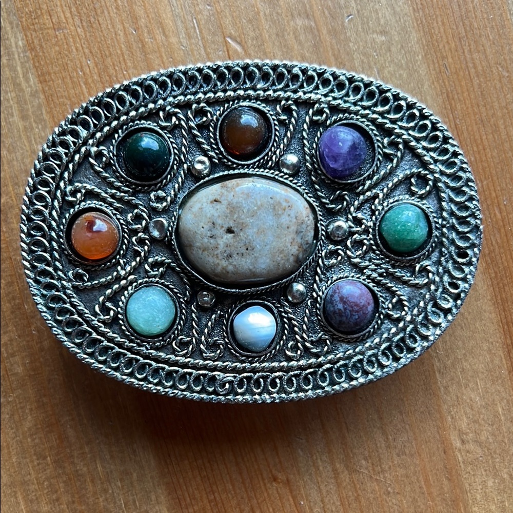Vintage Oval Metal Silver Raw Semi-Precious Gemstone Amethyst Belt Buckle Boho